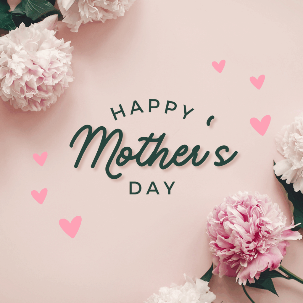 Happy Mother's Day mit blühenden Pfingstrosen auf rosa Hintergrund