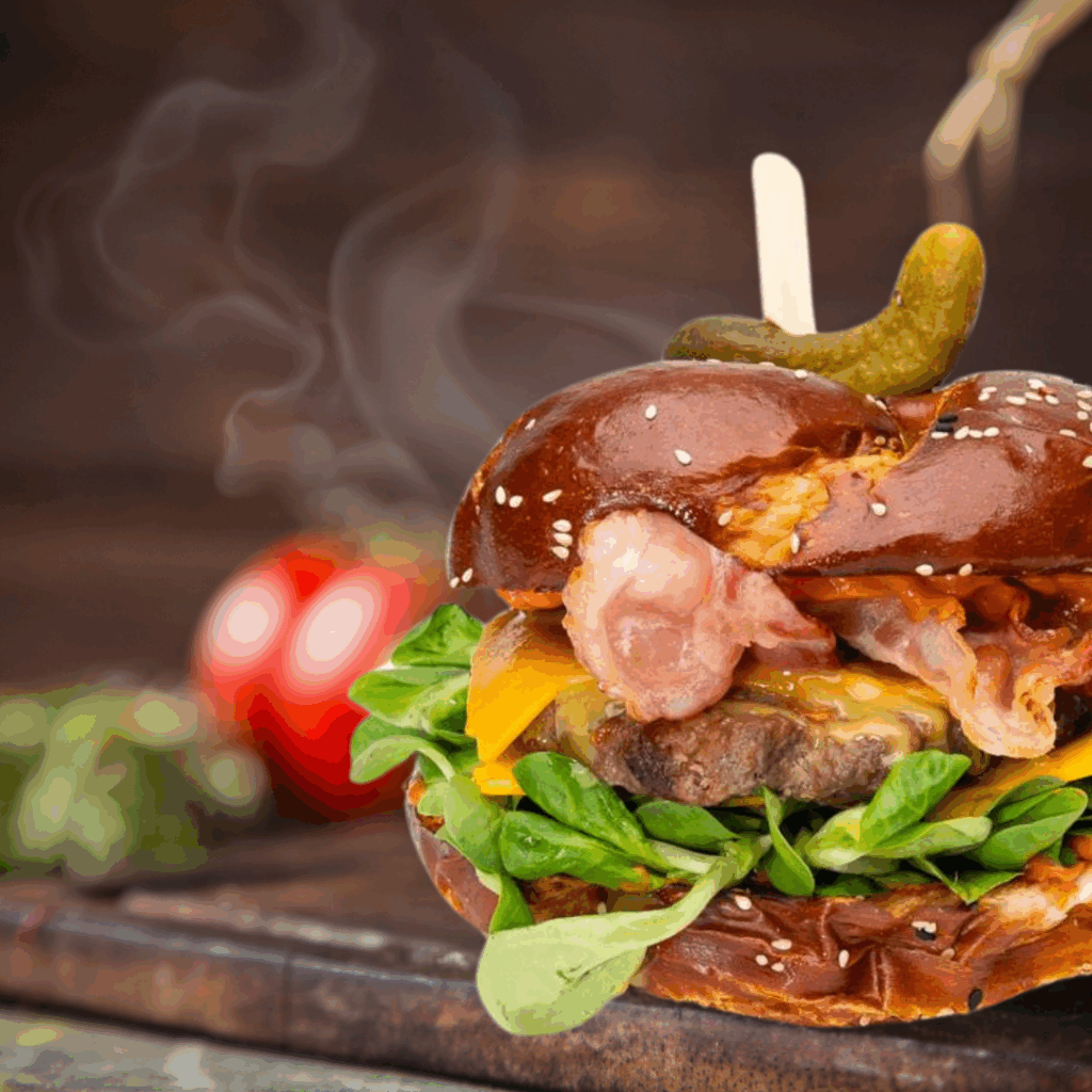 Saftiger Burger mit Rindfleisch, Speck, Käse und frischem Gemüse auf einem Holzbrett