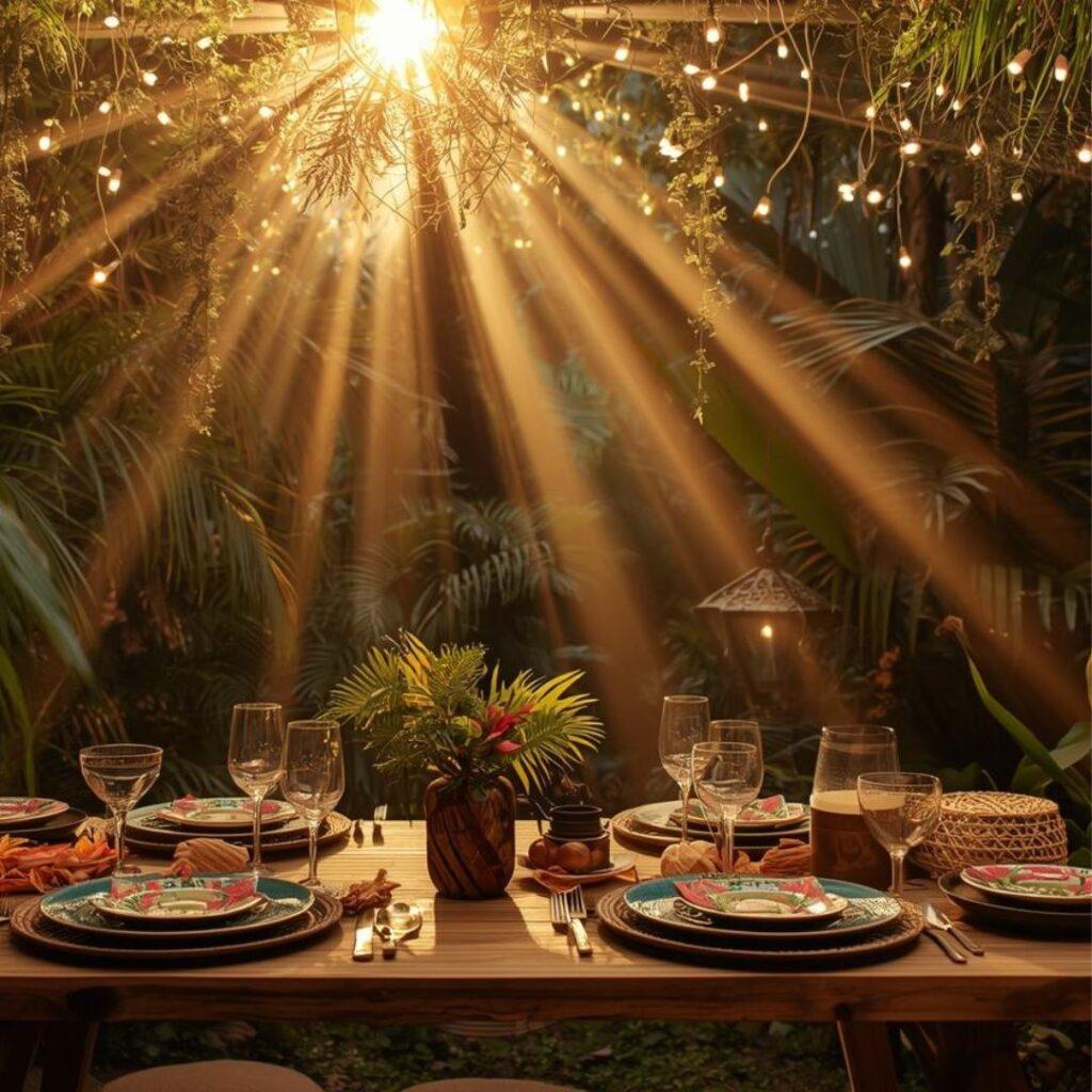 Romantisches Abendessen im Freien mit dekorativen Lichtern und einer schön gedeckten Tafel